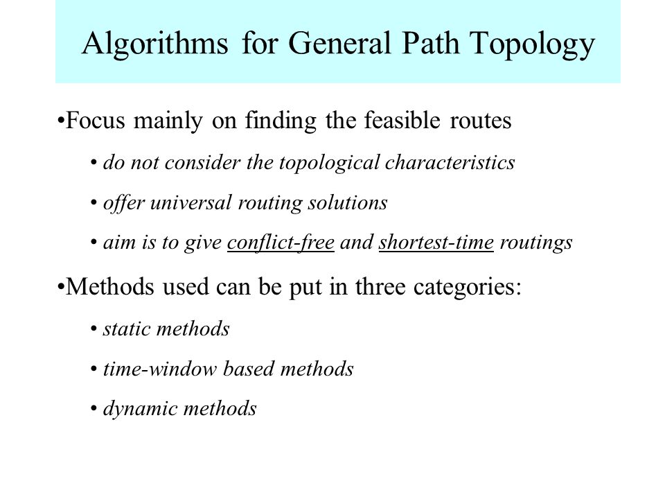 Algorithms for General Path Topology Focus mainly on finding the feasible routes do not consider the topological characteristics offer universal routing solutions aim is to give conflict-free and shortest-time routings Methods used can be put in three categories: static methods time-window based methods dynamic methods