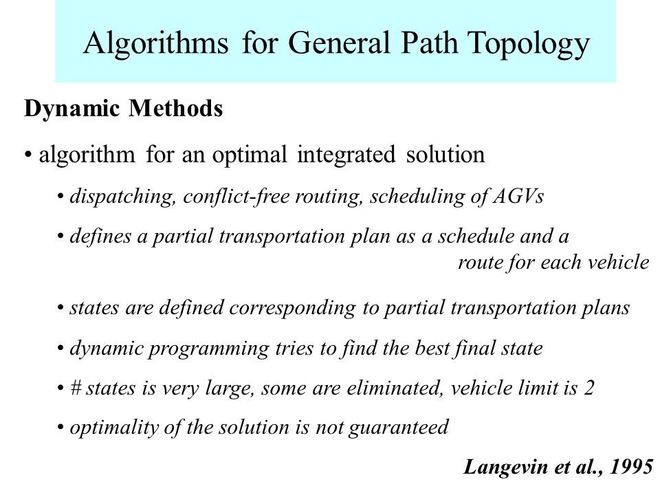 Algorithms for General Path Topology Dynamic Methods algorithm for an optimal integrated solution dispatching, conflict-free routing, scheduling of AGVs defines a partial transportation plan as a schedule and a route for each vehicle states are defined corresponding to partial transportation plans dynamic programming tries to find the best final state # states is very large, some are eliminated, vehicle limit is 2 optimality of the solution is not guaranteed Langevin et al., 1995