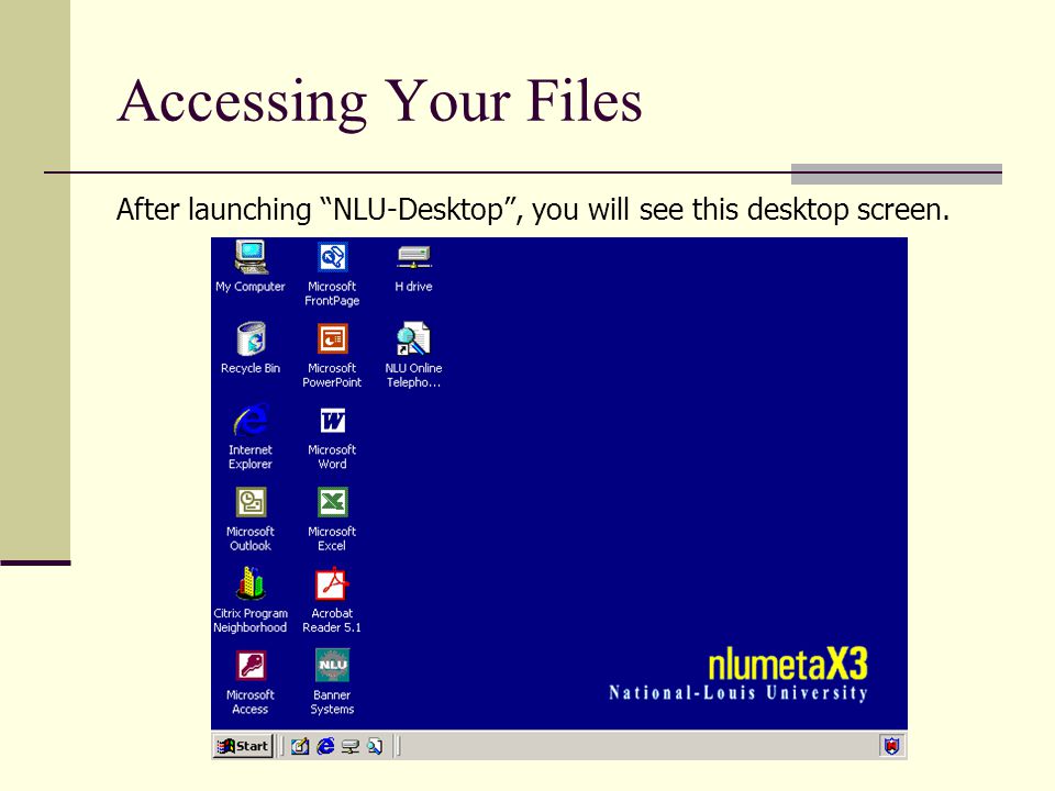 Accessing Your Files After launching NLU-Desktop , you will see this desktop screen.
