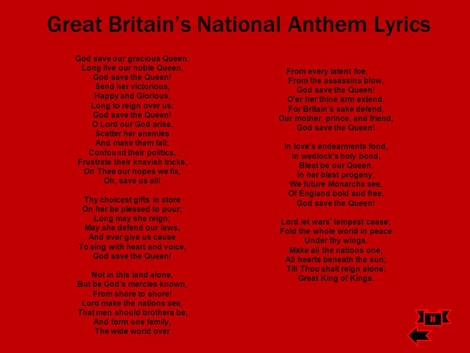 Great Britain’s National Anthem Lyrics God save our gracious Queen, Long li...
