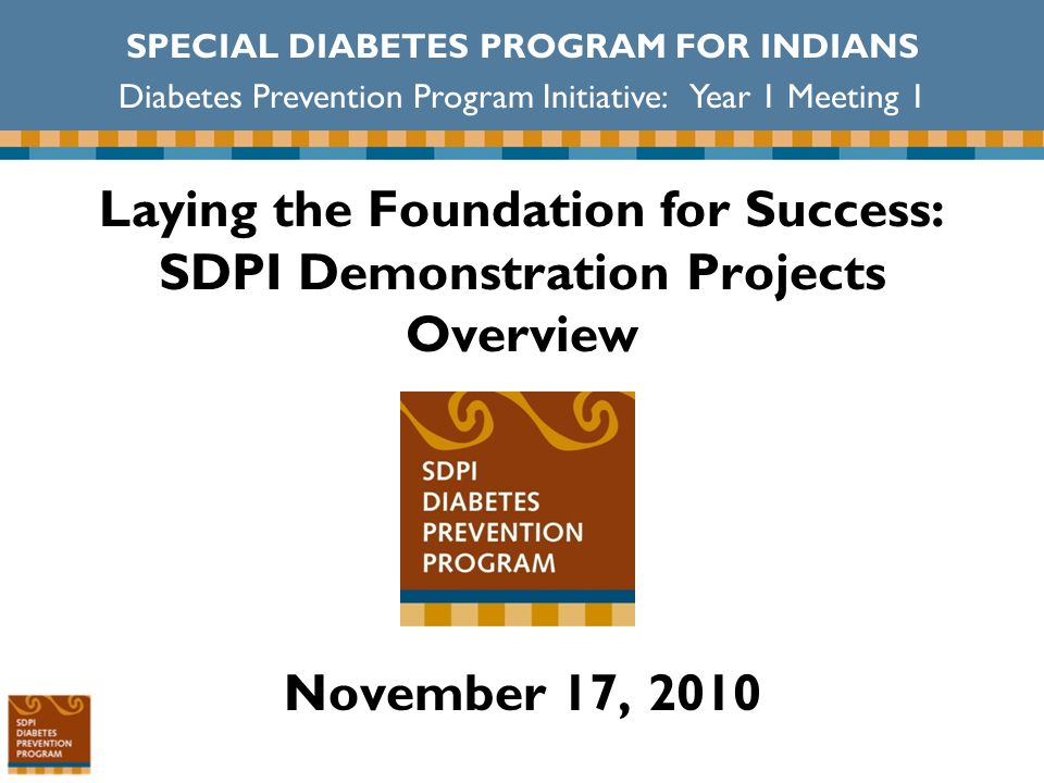 Laying the Foundation for Success: SDPI Demonstration Projects Overview November 17, 2010 SPECIAL DIABETES PROGRAM FOR INDIANS Diabetes Prevention Program Initiative: Year 1 Meeting 1