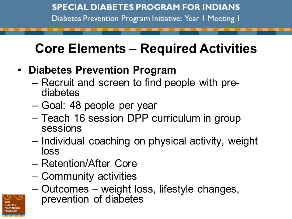 Diabetes Prevention Program –Recruit and screen to find people with pre- diabetes –Goal: 48 people per year –Teach 16 session DPP curriculum in group sessions –Individual coaching on physical activity, weight loss –Retention/After Core –Community activities –Outcomes – weight loss, lifestyle changes, prevention of diabetes Core Elements – Required Activities