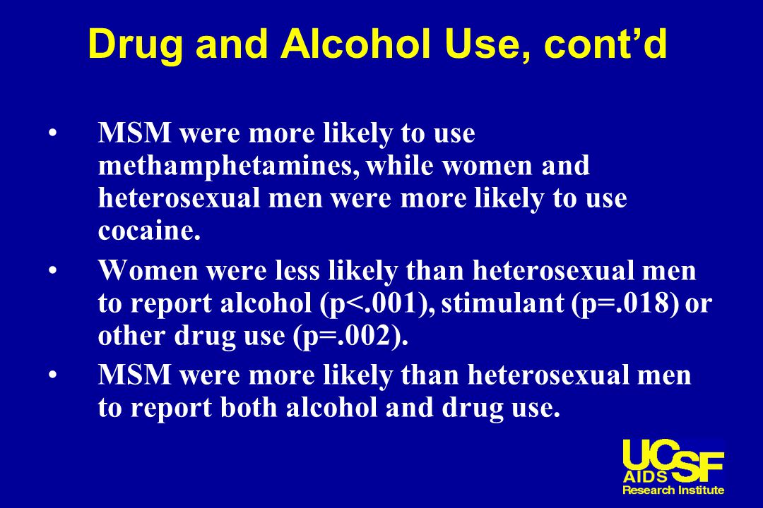 Drug and Alcohol Use, cont’d MSM were more likely to use methamphetamines, while women and heterosexual men were more likely to use cocaine.