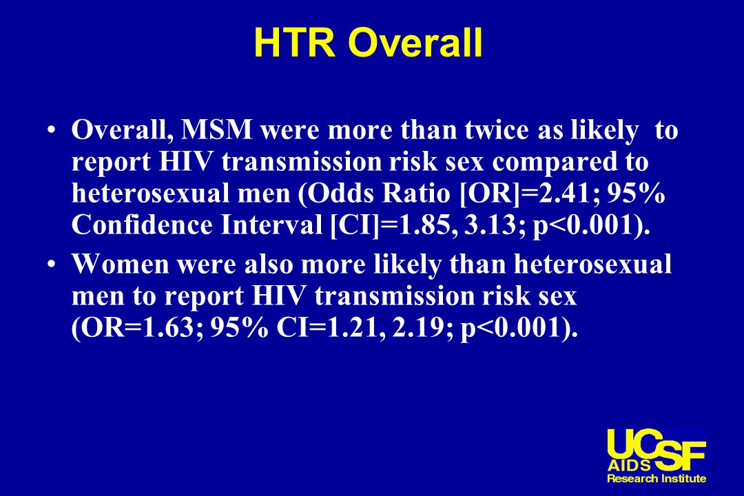 HTR Overall Overall, MSM were more than twice as likely to report HIV transmission risk sex compared to heterosexual men (Odds Ratio [OR]=2.41; 95% Confidence Interval [CI]=1.85, 3.13; p<0.001).