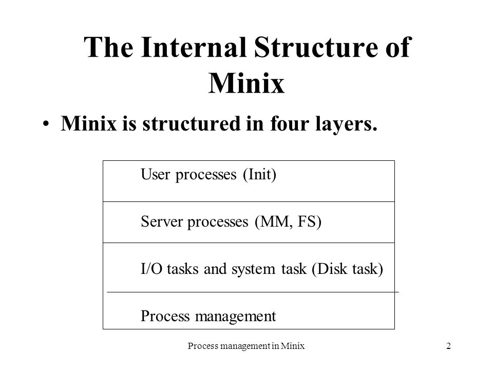 Process management in Minix2 The Internal Structure of Minix Minix is structured in four layers.