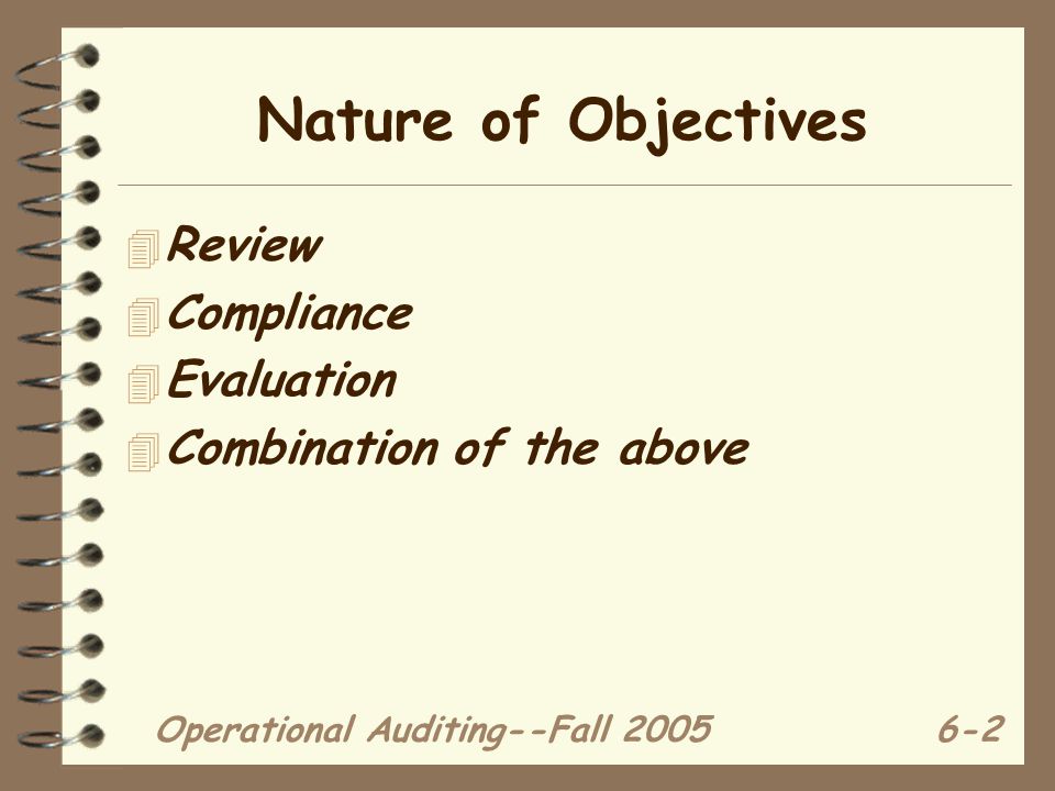 Operational Auditing--Fall Nature of Objectives 4 Review 4 Compliance 4 Evaluation 4 Combination of the above