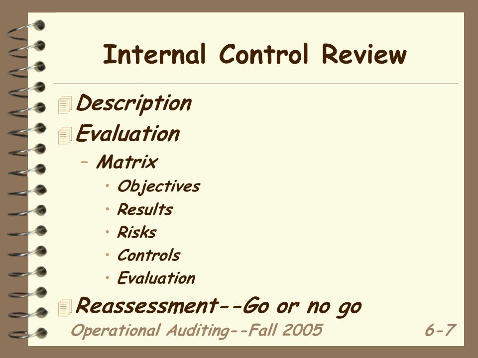 Operational Auditing--Fall Internal Control Review 4 Description 4 Evaluation –Matrix Objectives Results Risks Controls Evaluation 4 Reassessment--Go or no go