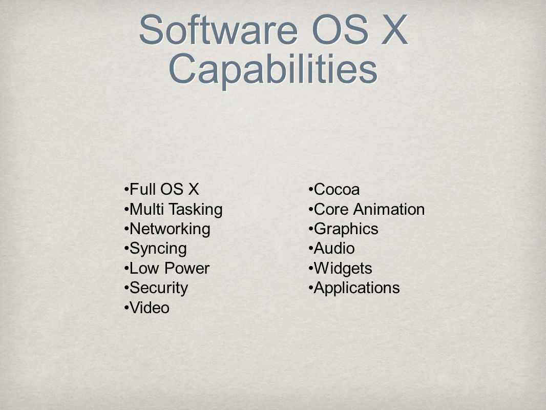 Software OS X Capabilities Full OS X Multi Tasking Networking Syncing Low Power Security Video Cocoa Core Animation Graphics Audio Widgets Applications