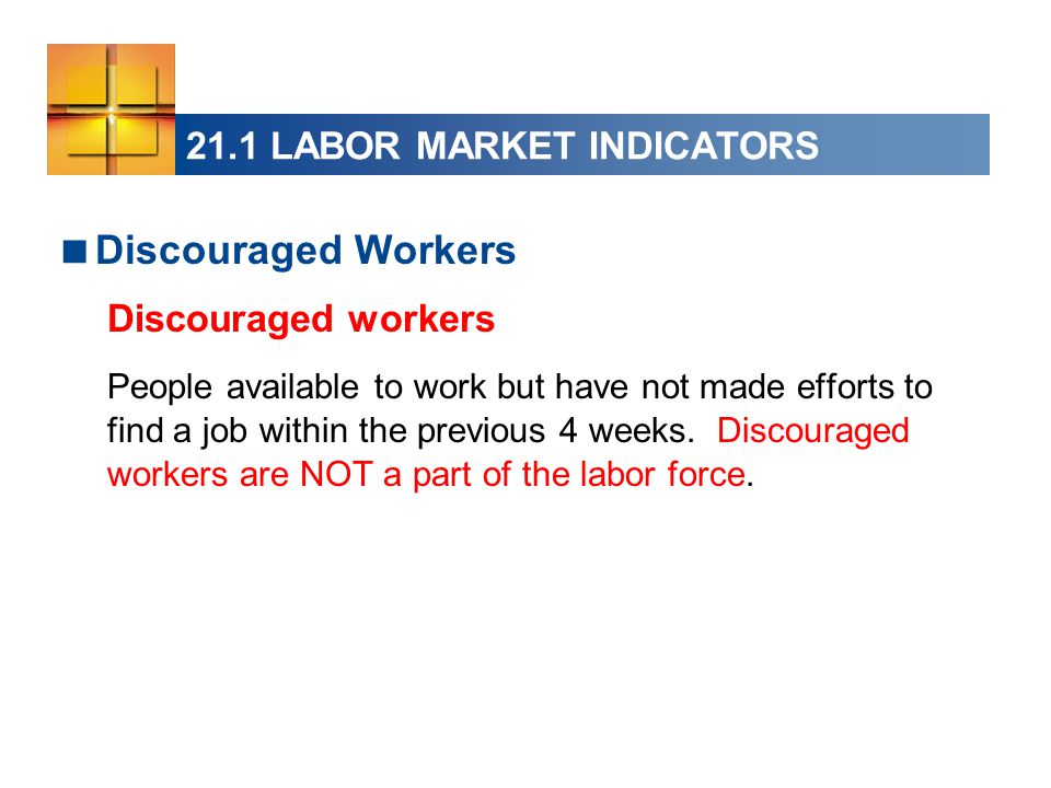  Discouraged Workers Discouraged workers People available to work but have not made efforts to find a job within the previous 4 weeks.