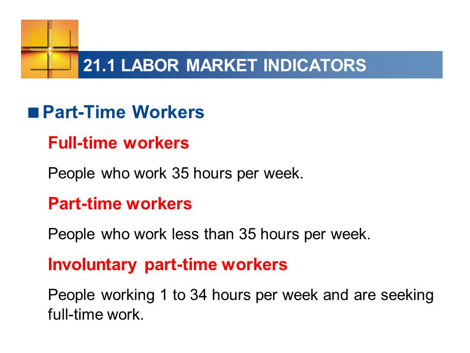 21.1 LABOR MARKET INDICATORS  Part-Time Workers Full-time workers People who work 35 hours per week.