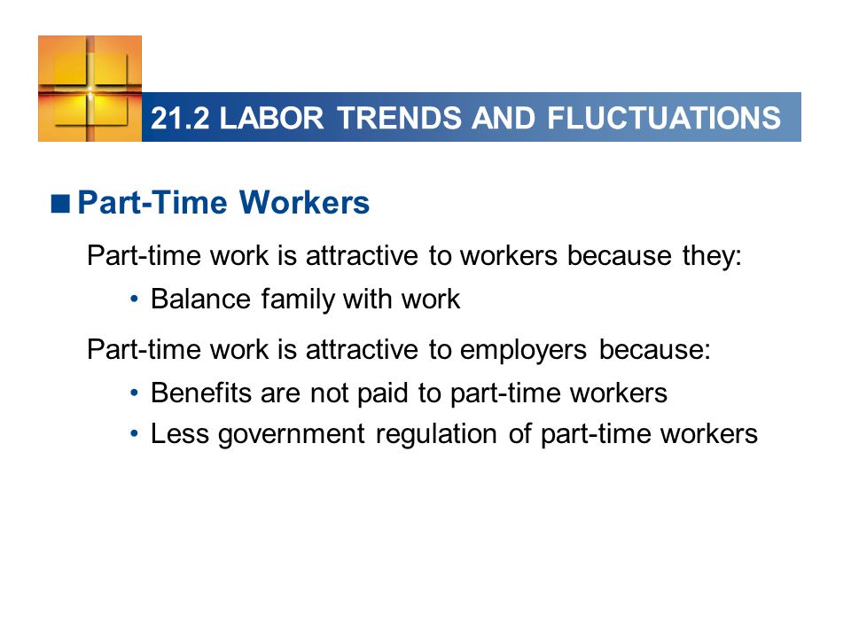 21.2 LABOR TRENDS AND FLUCTUATIONS  Part-Time Workers Part-time work is attractive to workers because they: Balance family with work Part-time work is attractive to employers because: Benefits are not paid to part-time workers Less government regulation of part-time workers