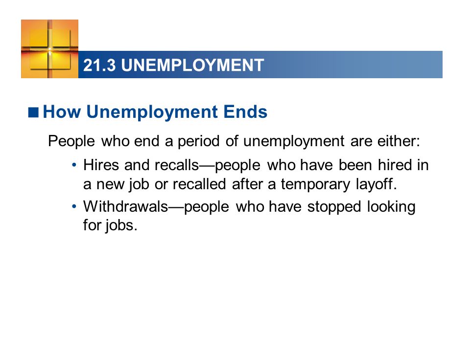 21.3 UNEMPLOYMENT  How Unemployment Ends People who end a period of unemployment are either: Hires and recalls—people who have been hired in a new job or recalled after a temporary layoff.