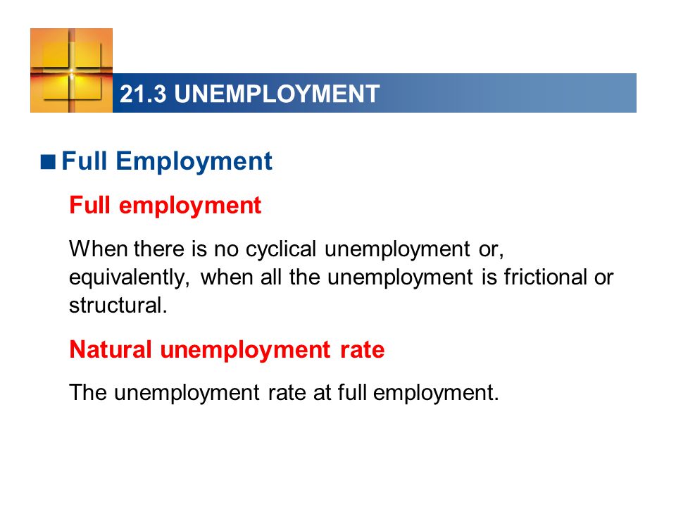 21.3 UNEMPLOYMENT  Full Employment Full employment When there is no cyclical unemployment or, equivalently, when all the unemployment is frictional or structural.
