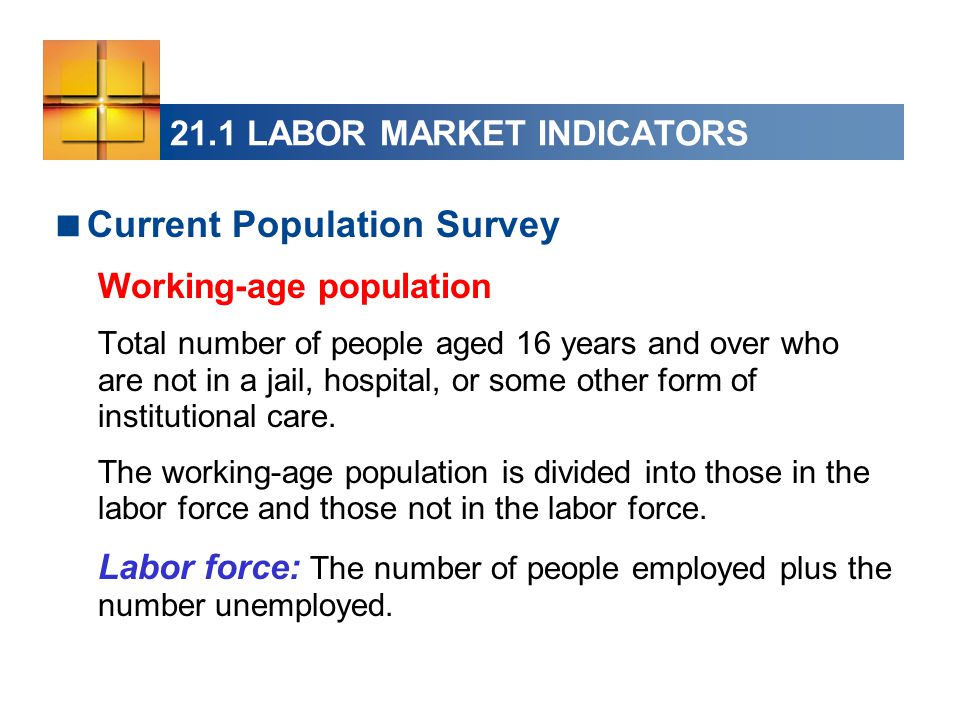 21.1 LABOR MARKET INDICATORS  Current Population Survey Working-age population Total number of people aged 16 years and over who are not in a jail, hospital, or some other form of institutional care.