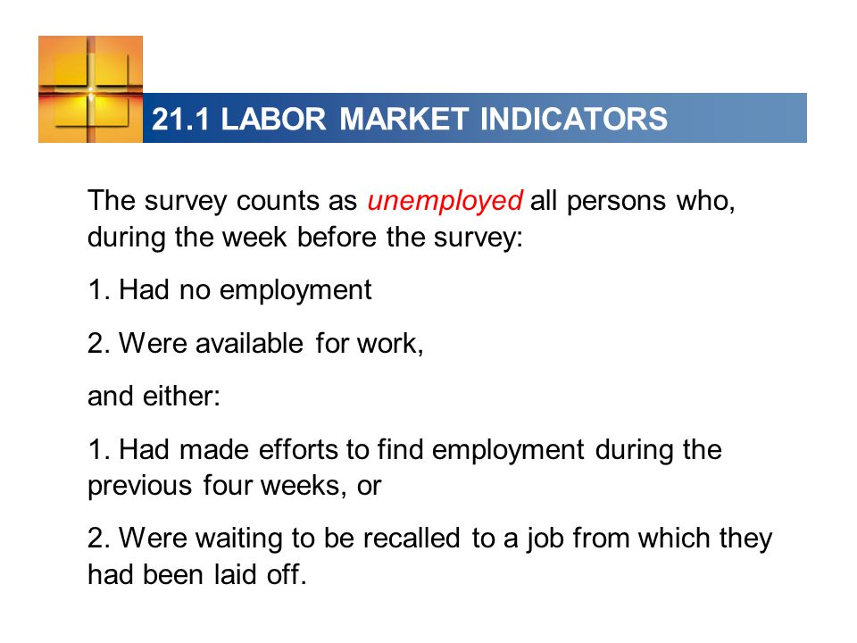 21.1 LABOR MARKET INDICATORS The survey counts as unemployed all persons who, during the week before the survey: 1.