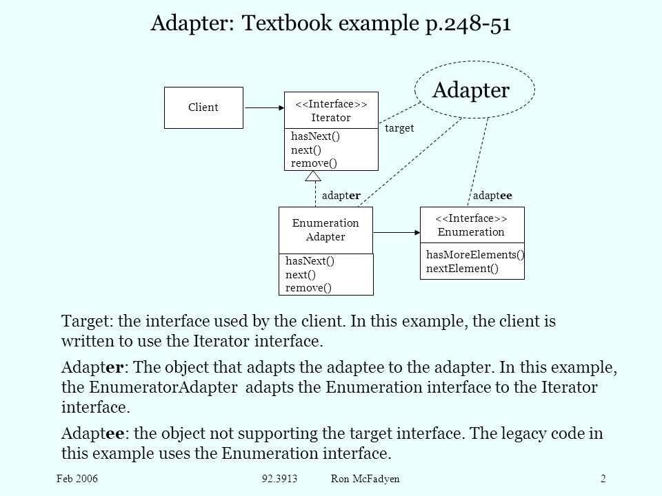 Feb Ron McFadyen2 Adapter: Textbook example p Adapter: The object that adapts the adaptee to the adapter.