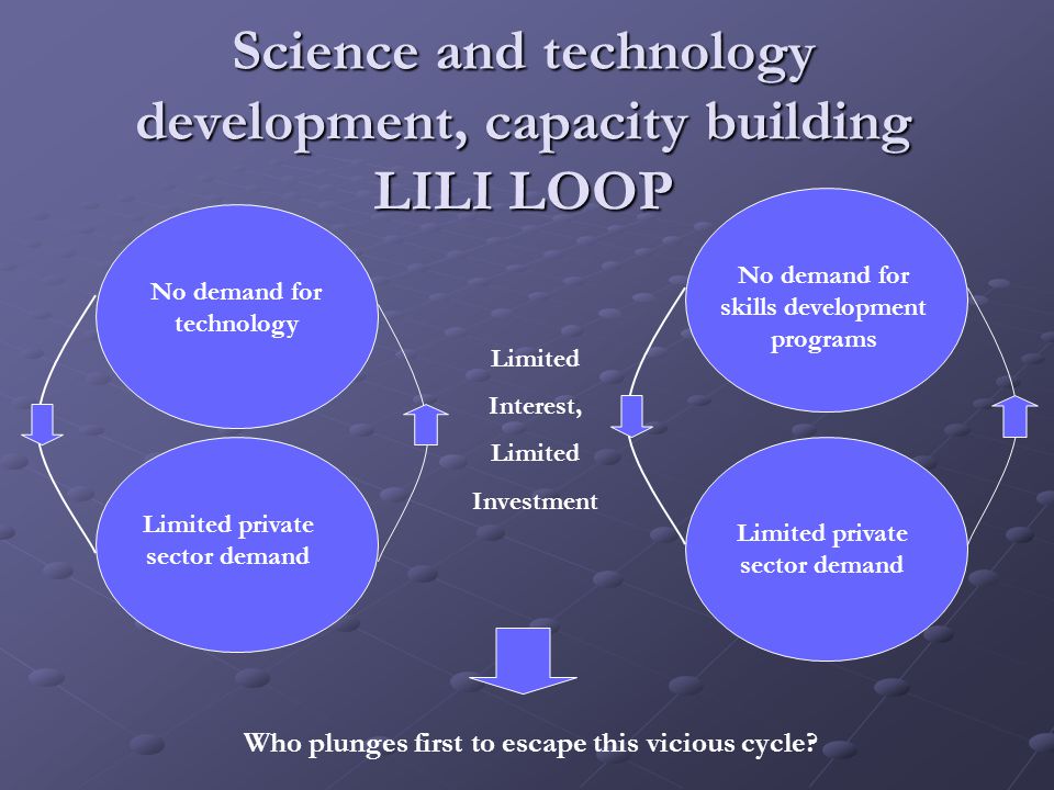 Science and technology development, capacity building LILI LOOP No demand for skills development programs Limited private sector demand Who plunges first to escape this vicious cycle.