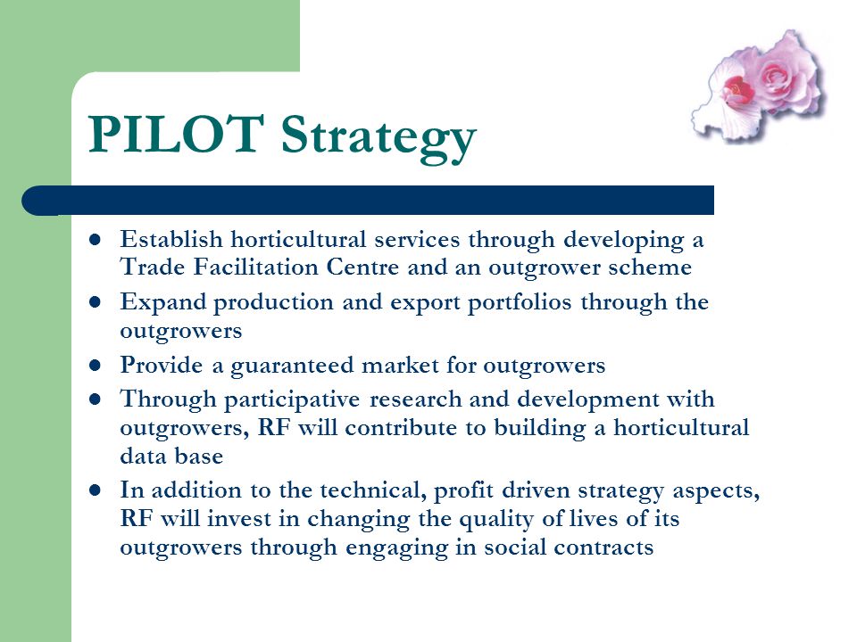 PILOT Strategy Establish horticultural services through developing a Trade Facilitation Centre and an outgrower scheme Expand production and export portfolios through the outgrowers Provide a guaranteed market for outgrowers Through participative research and development with outgrowers, RF will contribute to building a horticultural data base In addition to the technical, profit driven strategy aspects, RF will invest in changing the quality of lives of its outgrowers through engaging in social contracts