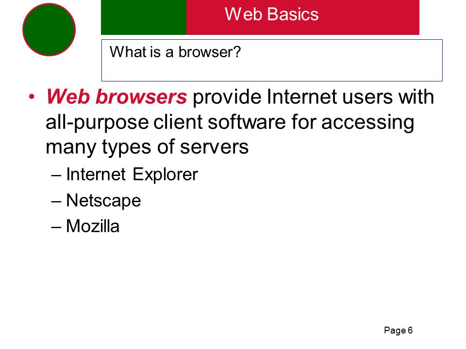 Page 6 Web Basics What is a browser.
