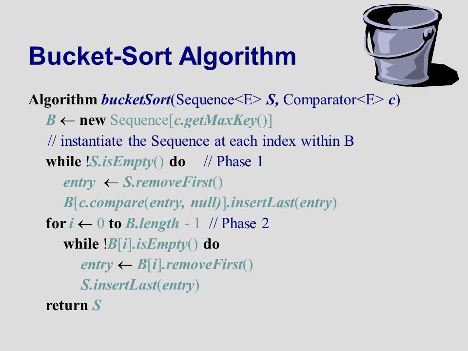 Bucket-Sort Algorithm Algorithm bucketSort(Sequence S, Comparator c) B  new Sequence[c.getMaxKey()] // instantiate the Sequence at each index within B while  S.isEmpty() do // Phase 1 entry  S.removeFirst() B[c.compare(entry, null)].insertLast(entry) for i  0 to B.length - 1 // Phase 2 while  B[i].isEmpty() do entry  B[i].removeFirst() S.insertLast(entry) return S