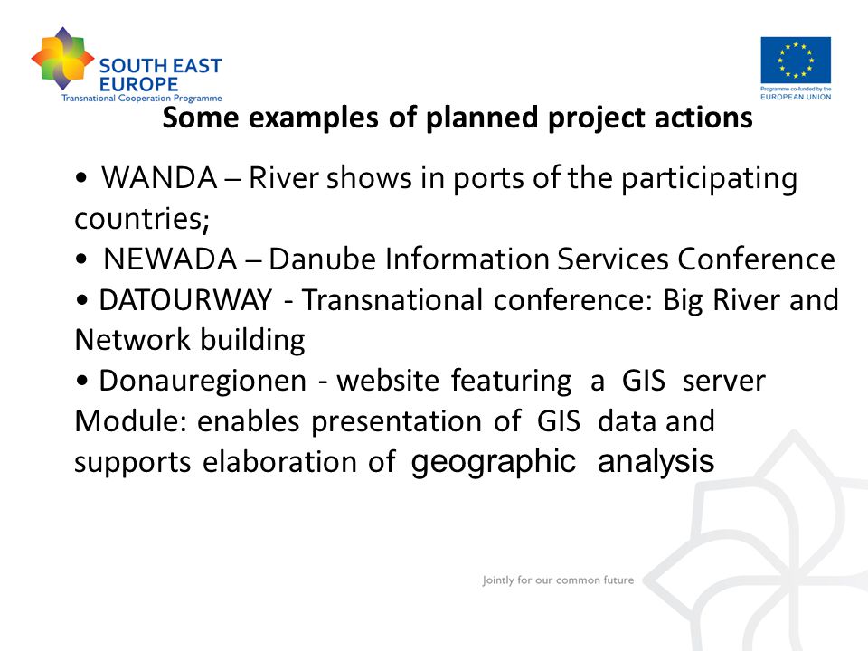 Some examples of planned project actions WANDA – River shows in ports of the participating countries; NEWADA – Danube Information Services Conference DATOURWAY - Transnational conference: Big River and Network building Donauregionen - website featuring a GIS server Module: enables presentation of GIS data and supports elaboration of geographic analysis