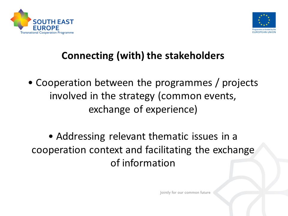 Connecting (with) the stakeholders Cooperation between the programmes / projects involved in the strategy (common events, exchange of experience) Addressing relevant thematic issues in a cooperation context and facilitating the exchange of information