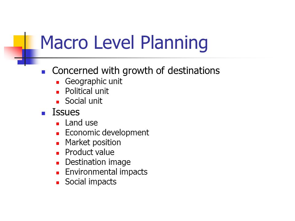 Macro Level Planning Concerned with growth of destinations Geographic unit Political unit Social unit Issues Land use Economic development Market position Product value Destination image Environmental impacts Social impacts