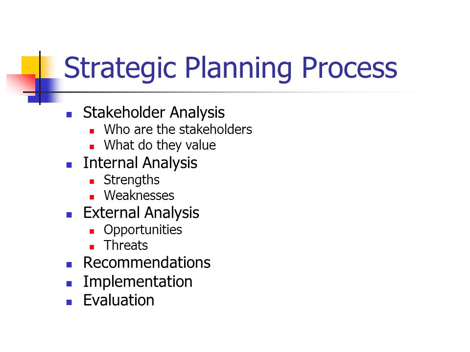 Strategic Planning Process Stakeholder Analysis Who are the stakeholders What do they value Internal Analysis Strengths Weaknesses External Analysis Opportunities Threats Recommendations Implementation Evaluation