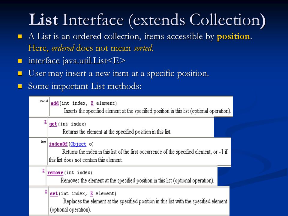 List Interface (extends Collection) A List is an ordered collection, items accessible by position.