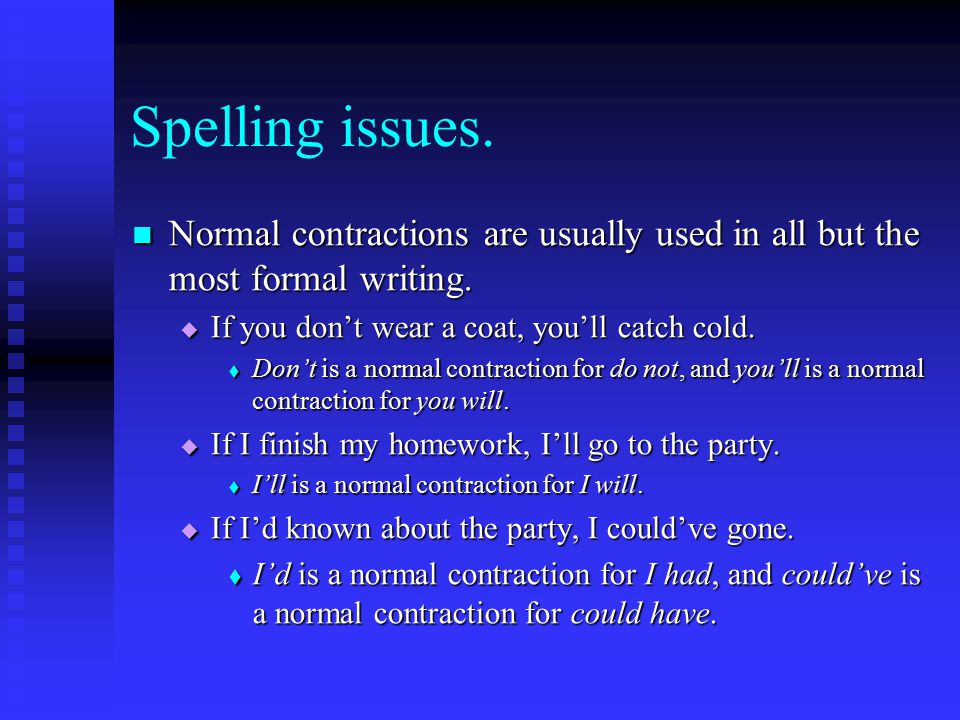 Spelling issues. Normal contractions are usually used in all but the most formal writing.