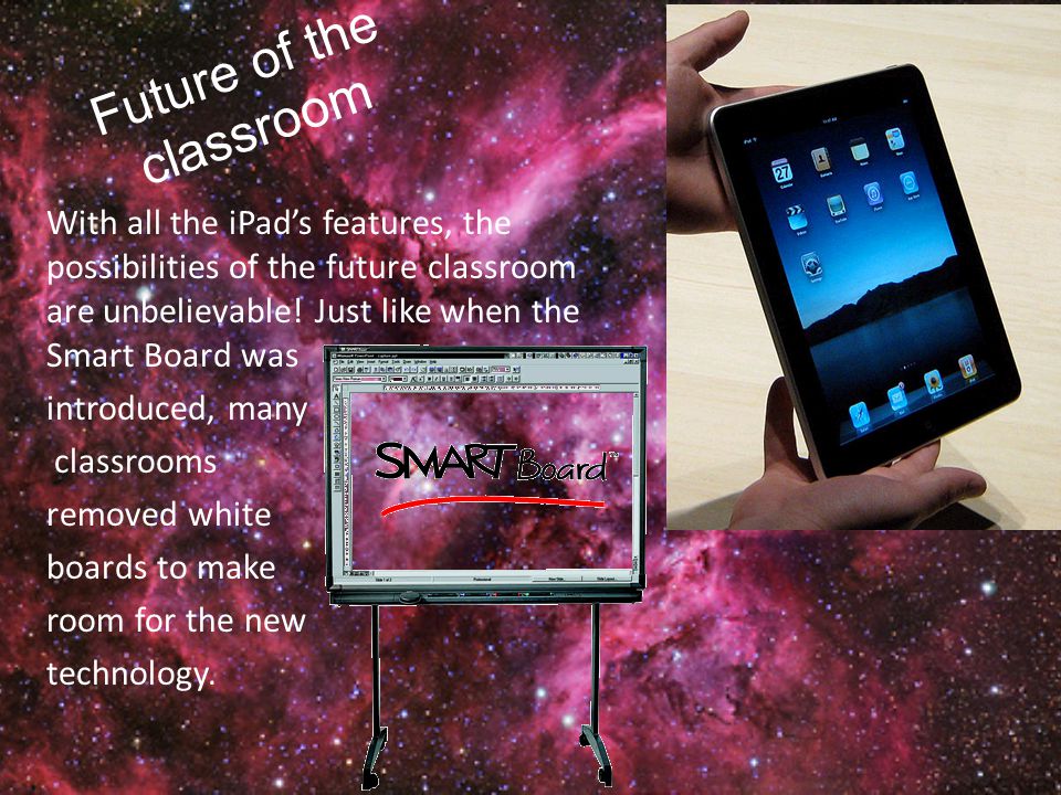 Future of the classroom With all the iPad’s features, the possibilities of the future classroom are unbelievable.