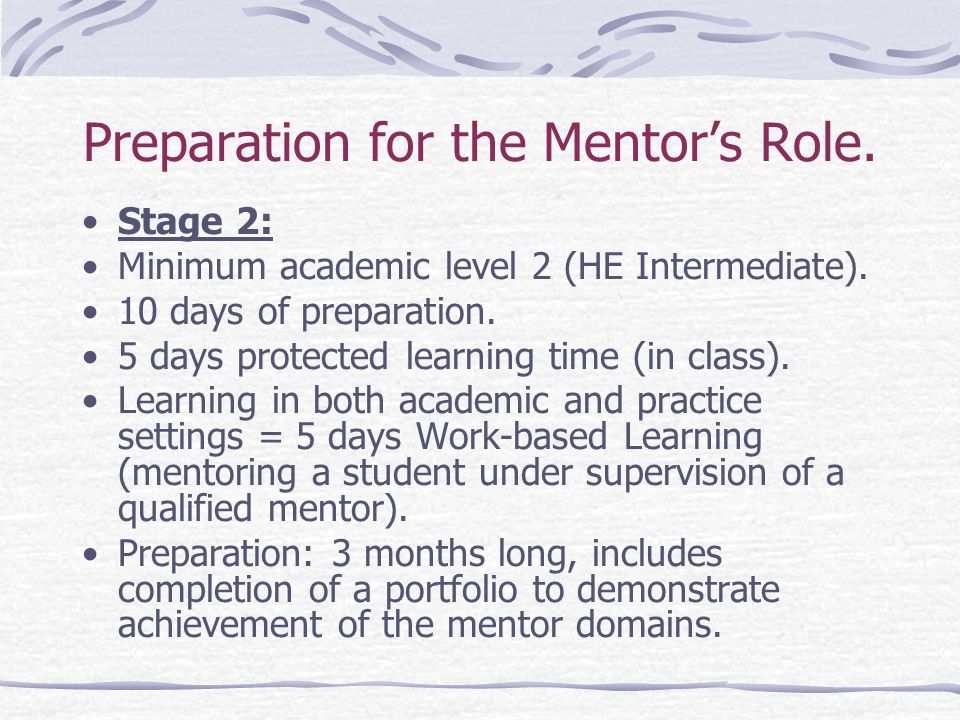 Preparation for the Mentor’s Role. Stage 2: Minimum academic level 2 (HE Intermediate).