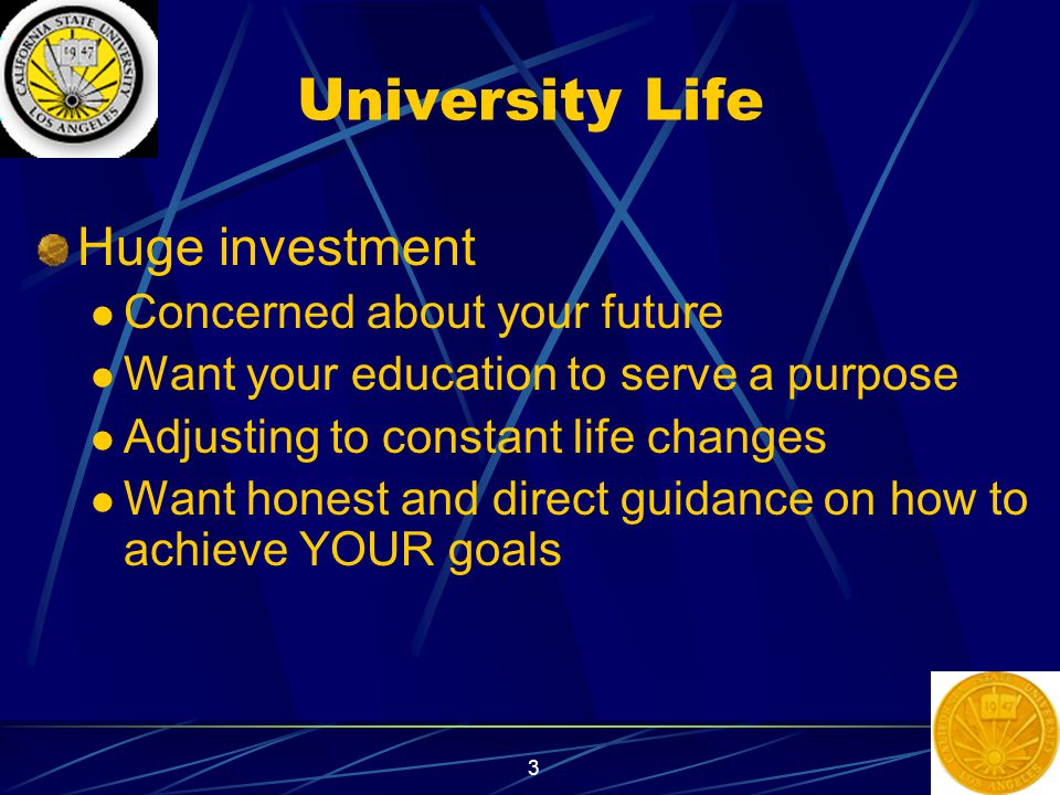 3 University Life Huge investment Concerned about your future Want your education to serve a purpose Adjusting to constant life changes Want honest and direct guidance on how to achieve YOUR goals