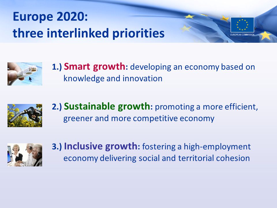 1 Europe 2020: three interlinked priorities 1.) Smart growth : developing an economy based on knowledge and innovation 2.) Sustainable growth : promoting a more efficient, greener and more competitive economy 3.) Inclusive growth : fostering a high-employment economy delivering social and territorial cohesion