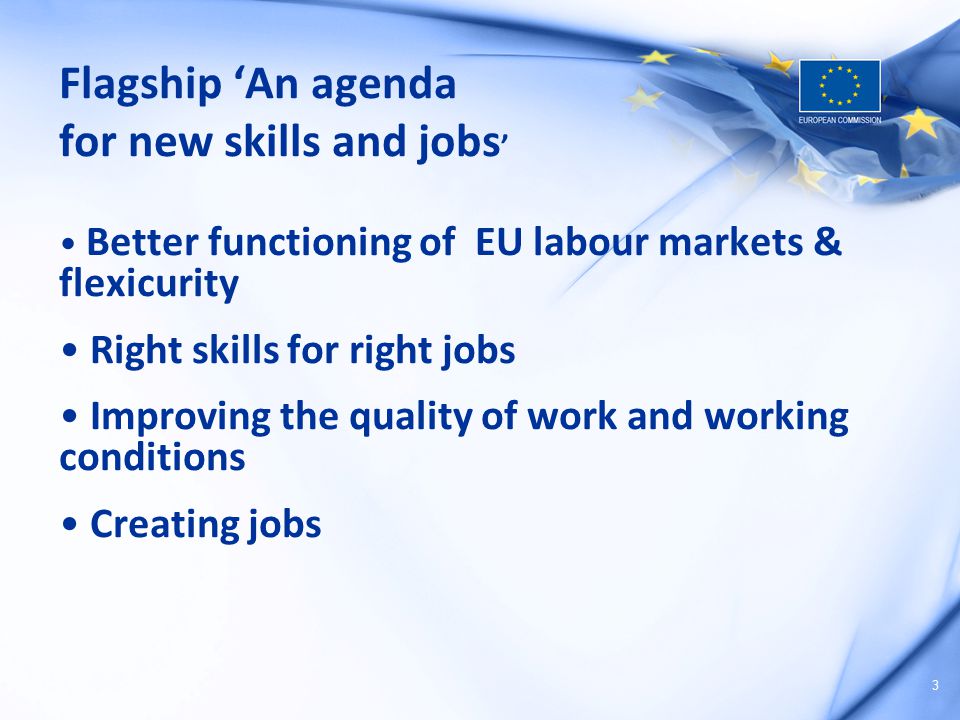 3 Flagship ‘An agenda for new skills and jobs ’ Better functioning of EU labour markets & flexicurity Right skills for right jobs Improving the quality of work and working conditions Creating jobs