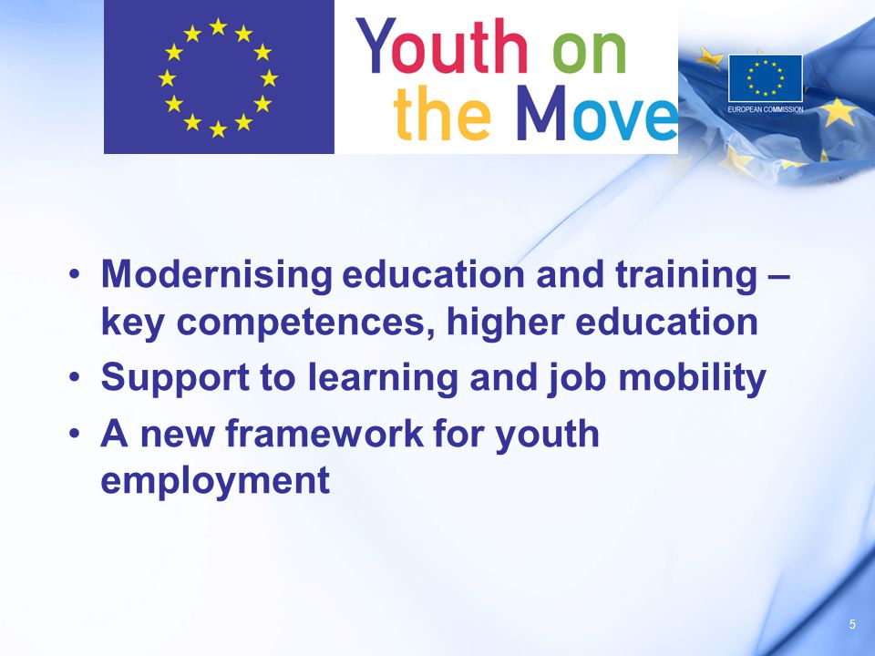 5 Modernising education and training – key competences, higher education Support to learning and job mobility A new framework for youth employment
