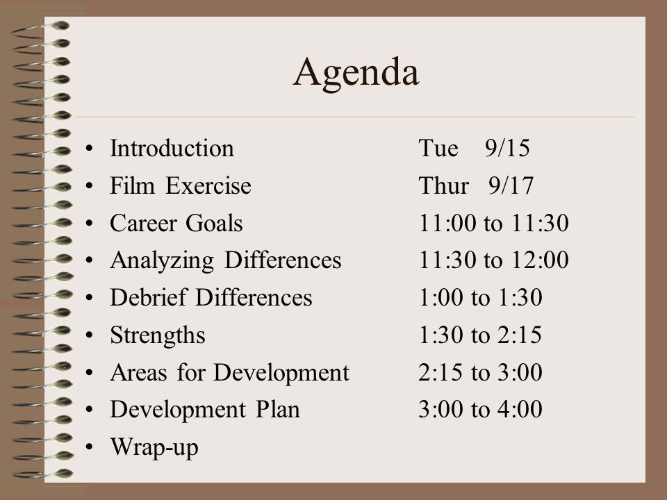 Agenda IntroductionTue9/15 Film ExerciseThur 9/17 Career Goals11:00 to 11:30 Analyzing Differences11:30 to 12:00 Debrief Differences1:00 to 1:30 Strengths1:30 to 2:15 Areas for Development2:15 to 3:00 Development Plan3:00 to 4:00 Wrap-up