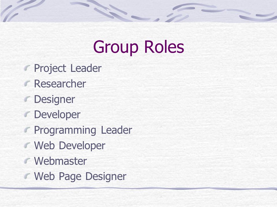 Group Roles Project Leader Researcher Designer Developer Programming Leader Web Developer Webmaster Web Page Designer