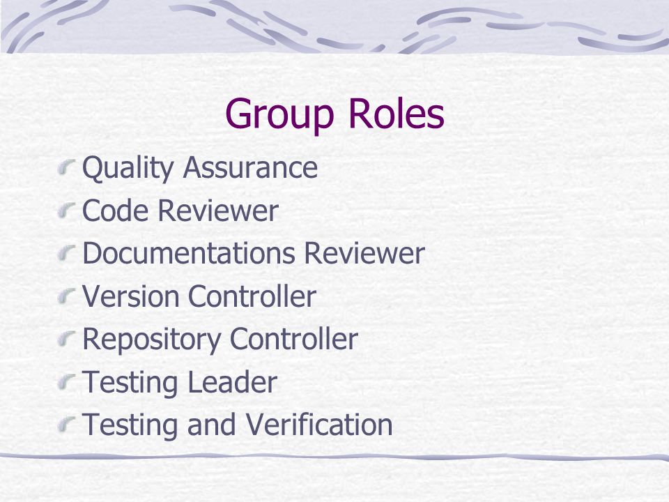 Group Roles Quality Assurance Code Reviewer Documentations Reviewer Version Controller Repository Controller Testing Leader Testing and Verification