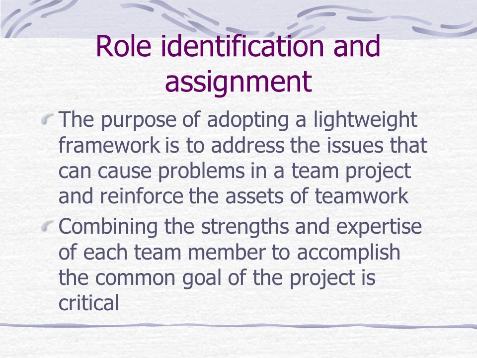 Role identification and assignment The purpose of adopting a lightweight framework is to address the issues that can cause problems in a team project and reinforce the assets of teamwork Combining the strengths and expertise of each team member to accomplish the common goal of the project is critical