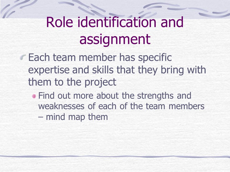 Role identification and assignment Each team member has specific expertise and skills that they bring with them to the project Find out more about the strengths and weaknesses of each of the team members – mind map them