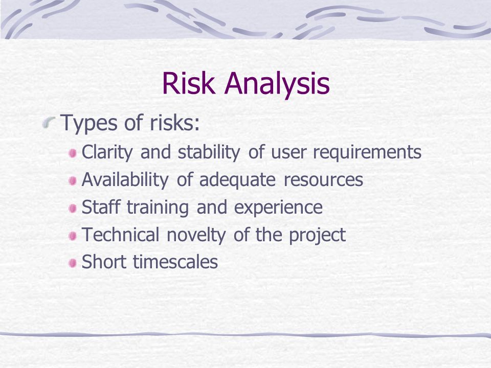 Risk Analysis Types of risks: Clarity and stability of user requirements Availability of adequate resources Staff training and experience Technical novelty of the project Short timescales