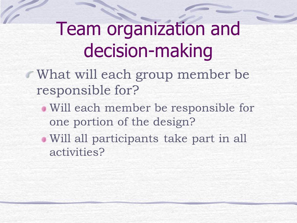 Team organization and decision-making What will each group member be responsible for.