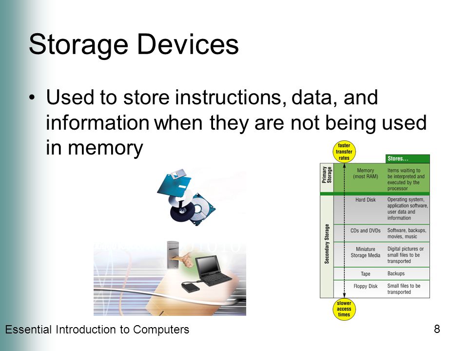 Essential Introduction to Computers 8 Storage Devices Used to store instructions, data, and information when they are not being used in memory