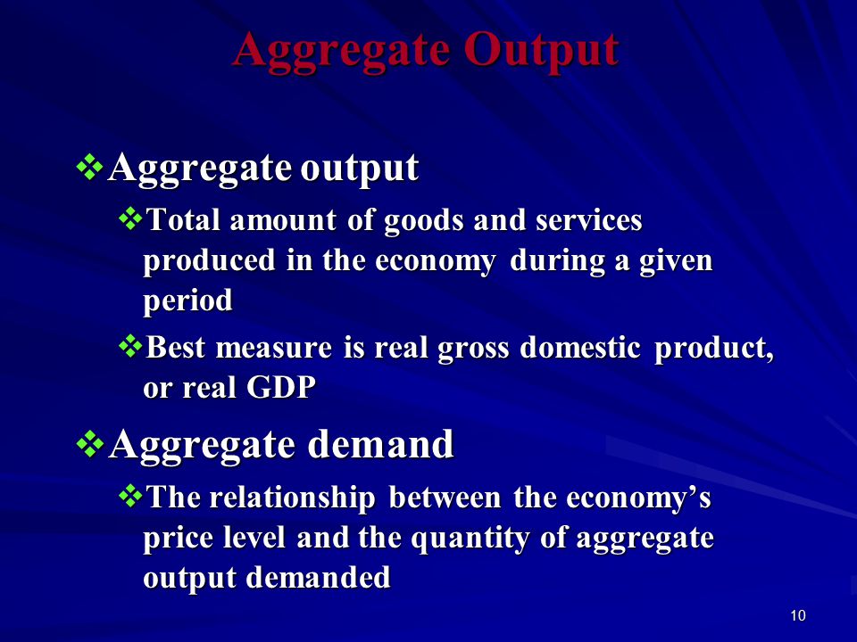 10 Aggregate Output  Aggregate output  Total amount of goods and services produced in the economy during a given period  Best measure is real gross domestic product, or real GDP  Aggregate demand  The relationship between the economy’s price level and the quantity of aggregate output demanded