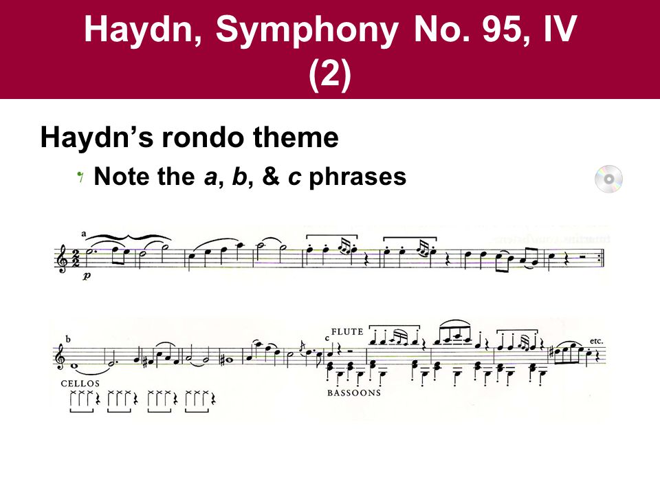 Haydn, Symphony No. 95, IV (2) Haydn’s rondo theme Note the a, b, & c phrases
