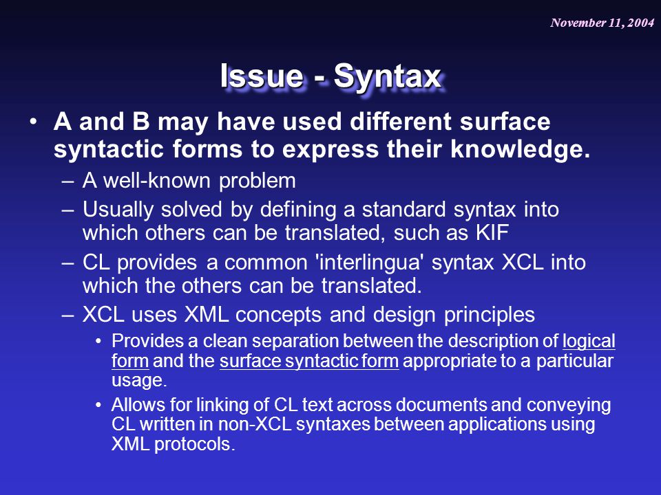 November 11, 2004 July 20, 2004 Issue - Syntax A and B may have used different surface syntactic forms to express their knowledge.