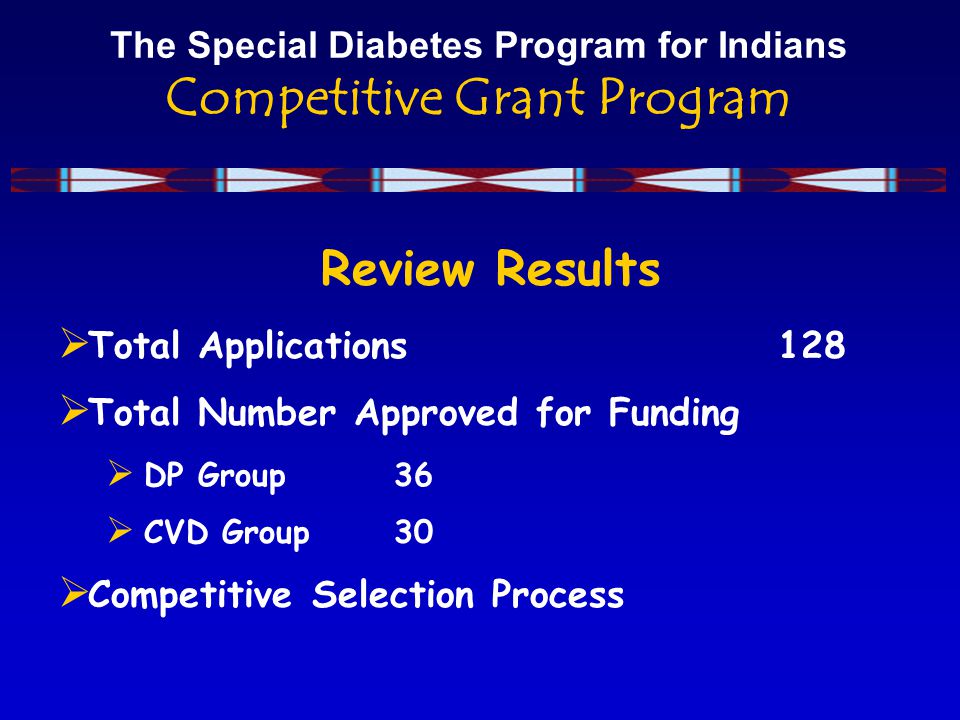 The Special Diabetes Program for Indians Competitive Grant Program Review Results  Total Applications128  Total Number Approved for Funding  DP Group36  CVD Group30  Competitive Selection Process