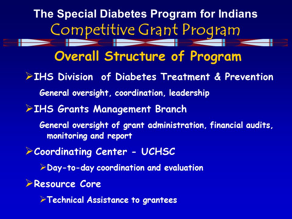 The Special Diabetes Program for Indians Competitive Grant Program Overall Structure of Program  IHS Division of Diabetes Treatment & Prevention General oversight, coordination, leadership  IHS Grants Management Branch General oversight of grant administration, financial audits, monitoring and report  Coordinating Center - UCHSC  Day-to-day coordination and evaluation  Resource Core  Technical Assistance to grantees
