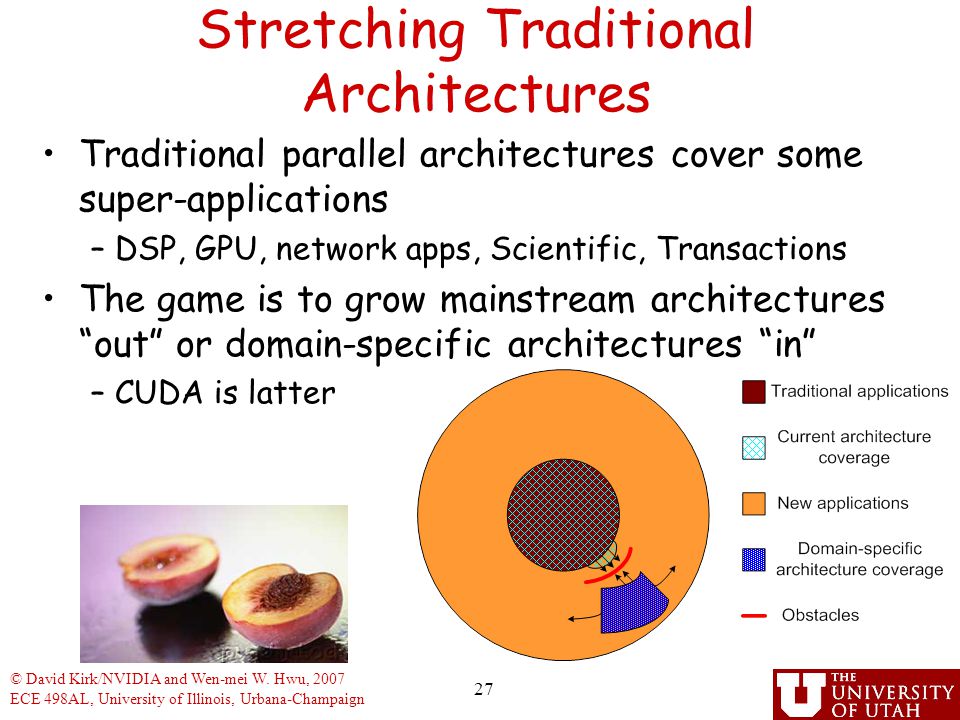Stretching Traditional Architectures Traditional parallel architectures cover some super-applications –DSP, GPU, network apps, Scientific, Transactions The game is to grow mainstream architectures out or domain-specific architectures in –CUDA is latter 27 © David Kirk/NVIDIA and Wen-mei W.